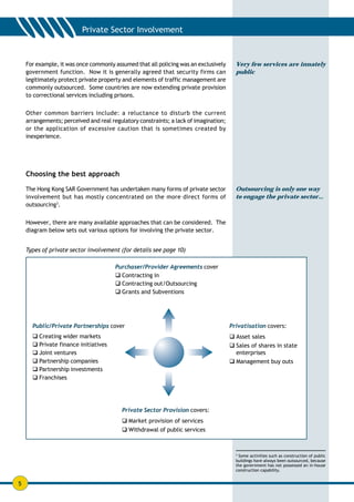 For example, it was once commonly assumed that all policing was an exclusively      Very few services are innately
    government function. Now it is generally agreed that security firms can             public
    legitimately protect private property and elements of traffic management are
    commonly outsourced. Some countries are now extending private provision
    to correctional services including prisons.


    Other common barriers include: a reluctance to disturb the current
    arrangements; perceived and real regulatory constraints; a lack of imagination;
    or the application of excessive caution that is sometimes created by
    inexperience.




    Choosing the best approach

    The Hong Kong SAR Government has undertaken many forms of private sector            Outsourcing is only one way
    involvement but has mostly concentrated on the more direct forms of                 to engage the private sector...
    outsourcing3.


    However, there are many available approaches that can be considered. The
    diagram below sets out various options for involving the private sector.


    Types of private sector involvement (for details see page 10)

                                       Purchaser/Provider Agreements cover
                                       " Contracting in
                                       " Contracting out/Outsourcing
                                       " Grants and Subventions




      Public/Private Partnerships cover                                               Privatisation covers:
      " Creating wider markets                                                        " Asset sales
      " Private finance initiatives                                                   " Sales of shares in state
      " Joint ventures                                                                  enterprises
      " Partnership companies                                                         " Management buy outs
      " Partnership investments
      " Franchises




                                         Private Sector Provision covers:
                                         " Market provision of services
                                         " Withdrawal of public services



                                                                                        3
                                                                                          Some activities such as construction of public
                                                                                        buildings have always been outsourced, because
                                                                                        the government has not possessed an in-house
                                                                                        construction capability.


5
 