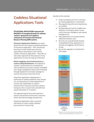 7
WHITE PAPER | SERVING THE LONG-TAIL
Codeless Situational
Applications Tools
SITUATIONAL APPLICATIONS represent the
MAJORITY of emerging demands for software
‘systems’ beyond the core platform
components of Financial and Enterprise
Resource Planning (ERP) systems.
Situational Applications Platforms are cloud-
based tool-kits that support repeated production
of situational applications. Their commercial
licensing or rental models presume that
organizations will produce a near-infinite
number of business applications. They offer an
alternative approach for the provision of new
applications to serve the long-tail of demand.
Before engaging a procurement process or
custom coding development, the majority of
‘systems’ requirements are considered for
internal delivery by business analysts embedded
into change management teams (and motivated
through targeted remuneration packages to
improve the process areas they serve).
Situational applications development is
performed on software platforms that analysts
can use themselves to create applications in
consort with stakeholders to support
improvements in business processes without
having to code or acquire tools and skills that
would necessitate an ‘IT project’.
This approach places focus and rewards on
process improvement and business outcomes
rather than the technology componentry.
Situational Applications offer a practical
alternative to custom coding, software
procurement or outsourcing.
Benefits of this method:
 Project complexity and risk is removed
by creating applications in workshops
 No programming skills and competencies
are needed.
 No dependencies exist for middle-ware
software or third party tools in areas
such as business intelligence, geo-spatial
intelligence etc.
 New applications are created without
additional software costs
 No costs are associated with browser
compatibility testing, applications re-
working, de-bugging or performance
tuning.
 No version upgrades or maintenance
costs apply.
Economies of self-authoring business applications
without custom coding (Source: Encanvas Inc.)
 