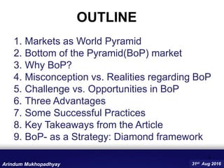 1. Markets as World Pyramid
2. Bottom of the Pyramid(BoP) market
3. Why BoP?
4. Misconception vs. Realities regarding BoP
5. Challenge vs. Opportunities in BoP
6. Three Advantages
7. Some Successful Practices
8. Key Takeaways from the Article
9. BoP- as a Strategy: Diamond framework
OUTLINE
Arindum Mukhopadhyay
2
31st Aug 2016
 