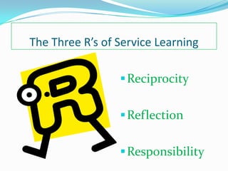The Three R’s of Service Learning

                  Reciprocity


                  Reflection


                  Responsibility
 