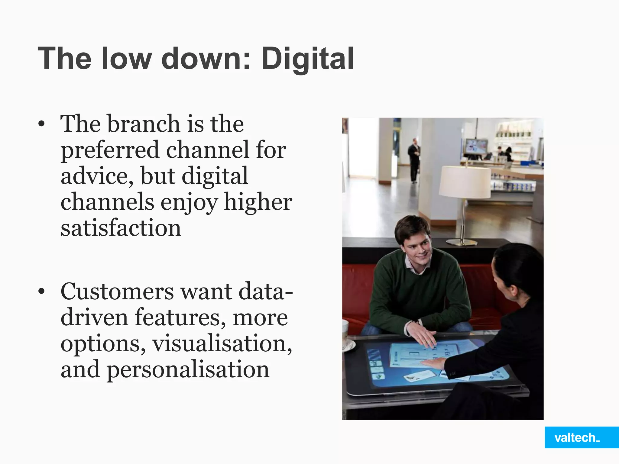 The low down: Digital
• The branch is the
preferred channel for
advice, but digital
channels enjoy higher
satisfaction
• Customers want data-
driven features, more
options, visualisation,
and personalisation
 