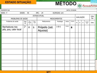 ESTADO SITUAÇÃO
                                                                                MÉTODO
PACIENTE Didi                                                                                  DATA: 07/04/06

SEXO: F                     IDADE:    50                IMC:   24            ALERGIAS: sim
                                                ESTADO ATUAL                                                                         Inte
                                                                                                                AVALIAÇÃO
                PROBLEMAS DE SAÚDE                                       MEDICAMENTOS                                                 Far
       Problemas de saúde       Des     Con-    Preo-          Medicamento        Posologia   Início   Cu/Co                Suspei
                                de     trolad   cupa                                                            N   E   S     ta
                                                                                                                                     Data
                                          o


                                       n        s                                1-0-1                 s
                                Mes
  Rachaduras nos                                          Própolis (sol.
                                                                                              meses
                                es

  pés, pus, calor local
                                                          Aquosa)




                                                                                                                                 124

                                                                    SFT
 