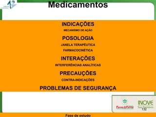 Medicamentos

       INDICAÇÕES
        MECANISMO DE AÇÃO


       POSOLOGIA
       JANELA TERAPÊUTICA
        FARMACOCINÉTICA

       INTERAÇÕES
    INTERFERÊNCIAS ANALÍTICAS

      PRECAUÇÕES
       CONTRA-INDICAÇÕES

PROBLEMAS DE SEGURANÇA


                                132

         Fase de estudo
 