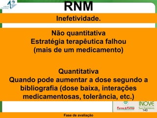 RNM
            Inefetividade.

           Não quantitativa
     Estratégia terapêutica falhou
      (mais de um medicamento)


              Quantitativa
Quando pode aumentar a dose segundo a
  bibliografia (dose baixa, interações
   medicamentosas, tolerância, etc.)
                                     140
               Fase de avaliação
 