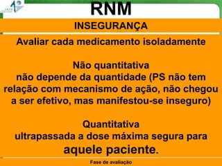 RNM
              INSEGURANÇA
  Avaliar cada medicamento isoladamente

                Não quantitativa
   não depende da quantidade (PS não tem
relação com mecanismo de ação, não chegou
  a ser efetivo, mas manifestou-se inseguro)

                Quantitativa
  ultrapassada a dose máxima segura para
            aquele paciente.           141
                 Fase de avaliação
 