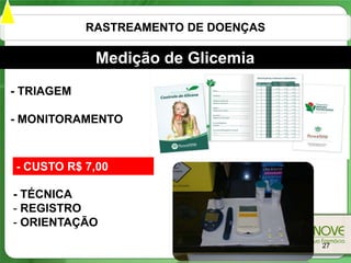 RASTREAMENTO DE DOENÇAS

             Medição de Glicemia
- TRIAGEM

- MONITORAMENTO



- CUSTO R$ 7,00

- TÉCNICA
- REGISTRO
- ORIENTAÇÃO
                                      27
 