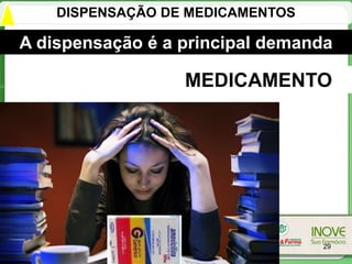 DISPENSAÇÃO DE MEDICAMENTOS

A dispensação é a principal demanda

                  MEDICAMENTO




                                  29
 