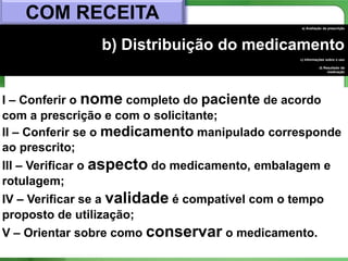 COM RECEITA
                                                 a) Avaliação da prescrição




                b) Distribuição do medicamento
                                                 c) Informações sobre o uso

                                                            d) Resultado da
                                                                 medicação




I – Conferir o nome completo do paciente de acordo
com a prescrição e com o solicitante;
II – Conferir se o medicamento manipulado corresponde
ao prescrito;
III – Verificar o aspecto do medicamento, embalagem e
rotulagem;
IV – Verificar se a validade é compatível com o tempo
proposto de utilização;
V – Orientar sobre como conservar o medicamento.
                                                            38
 