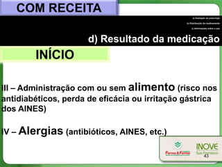 COM RECEITA
                                                    a) Avaliação da prescrição

                                               b) Distribuição do medicamento

                                                   c) Informações sobre o uso




                      d) Resultado da medicação
        INÍCIO

III – Administração com ou sem alimento (risco nos
antidiabéticos, perda de eficácia ou irritação gástrica
dos AINES)

IV – Alergias (antibióticos, AINES, etc.)

                                                              43
 