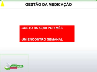 GESTÃO DA MEDICAÇÃO




-CUSTO R$ 50,00 POR MÊS


-UM ENCONTRO SEMANAL
 
