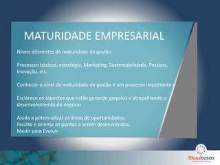 Níveis diferentes de maturidade de gestão
Processos básicos, estratégia, Marketing, Sustentabilidade, Pessoas,
Inovação, etc.
Conhecer o nível de maturidade de gestão é um processo importante pois:
Esclarece os aspectos que estão gerando gargalos e atrapalhando o
desenvolvimento do negócio
Ajuda a potencializar as áreas de oportunidades.
Facilita e orienta os pontos a serem desenvolvidos.
Medir para Evoluir
MATURIDADE EMPRESARIAL
 