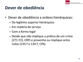 Dever de obediência

• Dever de obediência a ordens hierárquicas:
  – Do legítimo superior hierárquico
  – Em matéria de serviço
  – Com a forma legal
  – Desde que não implique a prática de um crime
    (271.º/3, CRP) e provenha ou implique actos
    nulos (133.º e 134.º, CPA)



                                                   16
 