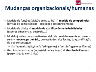 Mudanças organizacionais/humanas
 Modelo de funções (divisão de trabalho)  modelo de competências
  (divisão de competências – sociedade do conhecimento)
 Modelo de títulos  modelo de qualificações e de habilidades
  (saberes emocionais, pessoais, …)
 Modelo jurídico ou normativo (modelo de previsão assente no dever-
  ser)  modelo gestionário, de resultados, dos factos, da quantificação
  do que se consegue.
   – Da “administração/chefia” (dirigentes) à “gestão” (gestores-líderes)
 Gestão administrativa (industrializada e linear)  Gestão de Pessoas
  (personalizada e orgânica)




                                                                      43
 