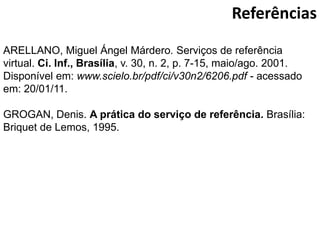 Referências
ARELLANO, Miguel Ángel Márdero. Serviços de referência
virtual. Ci. Inf., Brasília, v. 30, n. 2, p. 7-15, maio/ago. 2001.
Disponível em: www.scielo.br/pdf/ci/v30n2/6206.pdf - acessado
em: 20/01/11.

GROGAN, Denis. A prática do serviço de referência. Brasília:
Briquet de Lemos, 1995.
 