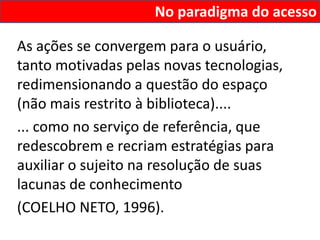 No paradigma do acesso

As ações se convergem para o usuário,
tanto motivadas pelas novas tecnologias,
redimensionando a questão do espaço
(não mais restrito à biblioteca)....
... como no serviço de referência, que
redescobrem e recriam estratégias para
auxiliar o sujeito na resolução de suas
lacunas de conhecimento
(COELHO NETO, 1996).
 