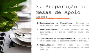 3. Preparação de
Mesas de Apoio
Passos:
1.Equipamentos e Utensílios: Colocar os
necessários (abridores de vinho, baldes
2.Reabastecimento: Colocar pratos extras,
guardanapos e copos prontos para uma
rápida.
3.Condimentos e Acompanhamentos: Colocar e
os condimentos e acompanhamentos extras.
4.Organização: Manter tudo de forma
facilitar o acesso aos empregados de mesa
serviço.
 