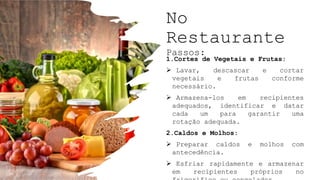 No
Restaurante
Passos:
1.Cortes de Vegetais e Frutas:
 Lavar, descascar e cortar
vegetais e frutas conforme
necessário.
 Armazena-los em recipientes
adequados, identificar e datar
cada um para garantir uma
rotação adequada.
2.Caldos e Molhos:
 Preparar caldos e molhos com
antecedência.
 Esfriar rapidamente e armazenar
em recipientes próprios no
 