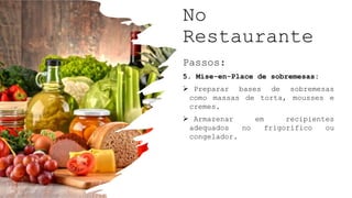 No
Restaurante
Passos:
5. Mise-en-Place de sobremesas:
 Preparar bases de sobremesas
como massas de torta, mousses e
cremes.
 Armazenar em recipientes
adequados no frigorífico ou
congelador.
 