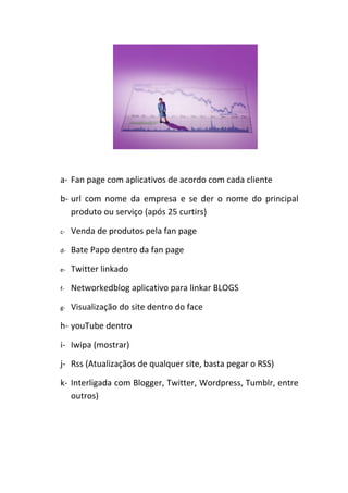 a- Fan page com aplicativos de acordo com cada cliente

b- url com nome da empresa e se der o nome do principal
   produto ou serviço (após 25 curtirs)

c-   Venda de produtos pela fan page

d-   Bate Papo dentro da fan page

e-   Twitter linkado

f-   Networkedblog aplicativo para linkar BLOGS

g-   Visualização do site dentro do face

h- youTube dentro

i- Iwipa (mostrar)

j- Rss (Atualizaçãos de qualquer site, basta pegar o RSS)

k- Interligada com Blogger, Twitter, Wordpress, Tumblr, entre
   outros)
 