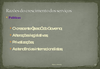 Políticas O crescente “peso” do Governo; Alterações legislativas; Privatizações; As tendências internacionalistas; Marco Almeida 