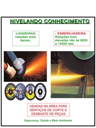  
 

NIVELANDO CONHECIMENTO
-LIXADEIRAS:
rotações mais
baixas.

- ESMERILHADEIRA:
Rotações mais
elevadas vão de 8000
a 14000 rpm.

   

USADAS NA ÁREA PARA
SERVIÇOS DE CORTE E
DESBASTE DE PEÇAS
Segurança, Saúde e Meio Ambiente

 