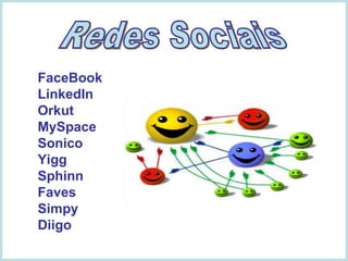 FaceBook LinkedIn Orkut MySpace Sonico Yigg Sphinn Faves Simpy Diigo Redes Sociais 