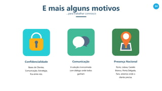 24
E mais alguns motivos…para trabalhar connosco
Porto, Lisboa, Castelo
Branco, Ponta Delgada,
Faro, estamos onde o
cliente precisa.
Presença Nacional
A solução é encontrada
com diálogo onde todos
ganham
Comunicação
Bases de Clientes,
Comunicação, Estratégia,
fica entre nós.
Confidencialidade
 