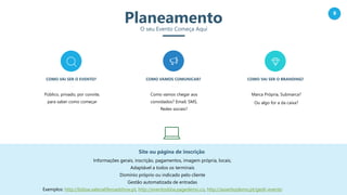8
COMO VAMOS COMUNICAR?COMO VAI SER O EVENTO? COMO VAI SER O BRANDING?
Marca Própria, Submarca?
Ou algo for a da caixa?
Público, privado, por convite,
para saber como começar
Como vamos chegar aos
convidados? Email, SMS,
Redes sociais?
PlaneamentoO seu Evento Começa Aqui
Site ou página de inscrição
Informações gerais, inscrição, pagamentos, imagem própria, locais,
Adaptável a todos os terminais
Domínio próprio ou indicado pelo cliente
Gestão automatizada de entradas
Exemplos: http://lisboa.valenaliferoadshow.pt, http://eventosbba.pagedemo.co, http://asserbizdemo.pt/gedii-evento
 
