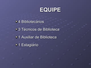 EQUIPEEQUIPE
4 Bibliotecários4 Bibliotecários
3 Técnicos de Biblioteca3 Técnicos de Biblioteca
1 Auxiliar de Biblioteca1 Auxiliar de Biblioteca
1 Estagiário1 Estagiário
 