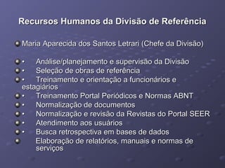 Recursos Humanos da Divisão de ReferênciaRecursos Humanos da Divisão de Referência
Maria Aparecida dos Santos Letrari (Chefe da Divisão)Maria Aparecida dos Santos Letrari (Chefe da Divisão)
•• Análise/planejamento e supervisão da DivisãoAnálise/planejamento e supervisão da Divisão
•• Seleção de obras de referênciaSeleção de obras de referência
•• Treinamento e orientação a funcionários eTreinamento e orientação a funcionários e
estagiáriosestagiários
•• Treinamento Portal Periódicos e Normas ABNTTreinamento Portal Periódicos e Normas ABNT
•• Normalização de documentosNormalização de documentos
•• Normalização e revisão da Revistas do Portal SEERNormalização e revisão da Revistas do Portal SEER
•• Atendimento aos usuáriosAtendimento aos usuários
•• Busca retrospectiva em bases de dadosBusca retrospectiva em bases de dados
Elaboração de relatórios, manuais e normas deElaboração de relatórios, manuais e normas de
serviçosserviços
 