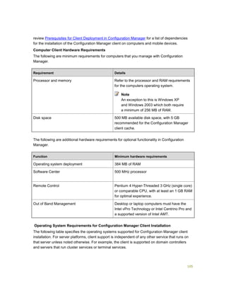 105
review Prerequisites for Client Deployment in Configuration Manager for a list of dependencies
for the installation of the Configuration Manager client on computers and mobile devices.
Computer Client Hardware Requirements
The following are minimum requirements for computers that you manage with Configuration
Manager.
Requirement Details
Processor and memory Refer to the processor and RAM requirements
for the computers operating system.
Note
An exception to this is Windows XP
and Windows 2003 which both require
a minimum of 256 MB of RAM.
Disk space 500 MB available disk space, with 5 GB
recommended for the Configuration Manager
client cache.
The following are additional hardware requirements for optional functionality in Configuration
Manager.
Function Minimum hardware requirements
Operating system deployment 384 MB of RAM
Software Center 500 MHz processor
Remote Control Pentium 4 Hyper-Threaded 3 GHz (single core)
or comparable CPU, with at least an 1 GB RAM
for optimal experience.
Out of Band Management Desktop or laptop computers must have the
Intel vPro Technology or Intel Centrino Pro and
a supported version of Intel AMT.
Operating System Requirements for Configuration Manager Client Installation
The following table specifies the operating systems supported for Configuration Manager client
installation. For server platforms, client support is independent of any other service that runs on
that server unless noted otherwise. For example, the client is supported on domain controllers
and servers that run cluster services or terminal services.
 