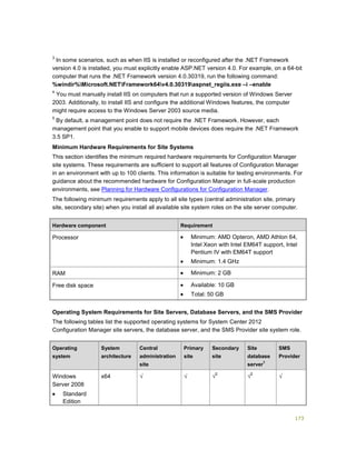 173
3
In some scenarios, such as when IIS is installed or reconfigured after the .NET Framework
version 4.0 is installed, you must explicitly enable ASP.NET version 4.0. For example, on a 64-bit
computer that runs the .NET Framework version 4.0.30319, run the following command:
%windir%Microsoft.NETFramework64v4.0.30319aspnet_regiis.exe –i –enable
4
You must manually install IIS on computers that run a supported version of Windows Server
2003. Additionally, to install IIS and configure the additional Windows features, the computer
might require access to the Windows Server 2003 source media.
5
By default, a management point does not require the .NET Framework. However, each
management point that you enable to support mobile devices does require the .NET Framework
3.5 SP1.
Minimum Hardware Requirements for Site Systems
This section identifies the minimum required hardware requirements for Configuration Manager
site systems. These requirements are sufficient to support all features of Configuration Manager
in an environment with up to 100 clients. This information is suitable for testing environments. For
guidance about the recommended hardware for Configuration Manager in full-scale production
environments, see Planning for Hardware Configurations for Configuration Manager.
The following minimum requirements apply to all site types (central administration site, primary
site, secondary site) when you install all available site system roles on the site server computer.
Hardware component Requirement
Processor  Minimum: AMD Opteron, AMD Athlon 64,
Intel Xeon with Intel EM64T support, Intel
Pentium IV with EM64T support
 Minimum: 1.4 GHz
RAM  Minimum: 2 GB
Free disk space  Available: 10 GB
 Total: 50 GB
Operating System Requirements for Site Servers, Database Servers, and the SMS Provider
The following tables list the supported operating systems for System Center 2012
Configuration Manager site servers, the database server, and the SMS Provider site system role.
Operating
system
System
architecture
Central
administration
site
Primary
site
Secondary
site
Site
database
server
1
SMS
Provider
Windows
Server 2008
 Standard
Edition
x64 √ √ √
2
√
2
√
 