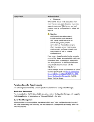 194
Configuration More information
 Site server
When a SQL Server hosts a database from
more than one site, each database must use a
separate instance of SQL Server, and each
instance must be configured with a unique set
of ports.
Warning
Configuration Manager does not
support dynamic ports. Because
SQL Server named instances by
default use dynamic ports for
connections to the database engine,
when you use a named instance, you
must manually configure the static port
that you want to use for intrasite
communication.
If you have a firewall enabled on the computer
running SQL Server, ensure that it is configured
to allow the ports in use by your deployment,
and at any locations on the network between
computers that communicate with the
SQL Server.
For an example of how to configure SQL Server
to use a specific port, see How to: Configure a
Server to Listen on a Specific TCP Port (SQL
Server Configuration Manager) in the SQL
Server TechNet library.
Function-Specific Requirements
The following sections identify function-specific requirements for Configuration Manager.
Application Management
For devices that run the Windows Mobile operating system, Configuration Manager only supports
the Uninstall action for applications on Windows Mobile 6.1.4 or later.
Out of Band Management
System Center 2012 Configuration Manager supports out of band management for computers
that have the following Intel vPro chip sets and Intel Active Management Technology (Intel AMT)
firmware versions:
 