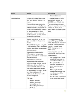 285
Option Details Requirements
Network Discovery.
SNMP Devices Specify each SNMP device that
you want Network Discovery to
query.
Network Discovery retrieves the
ipNetToMediaTable value from any
SNMP device that responds to the
query. This value returns arrays of
IP addresses that are client
computers or other resources
such as printers, routers, or other
IP-addressable devices.
To query a device, you must
specify the IP Address or
NetBIOS name of the device.
You must configure Network
Discovery to use the community
name of the device, or the
device rejects the SNMP-based
query.
DHCP Specify each DHCP server that
you want Network Discovery to
query.
Network Discovery can query both
32-bit and 64-bit DHCP servers for
a list of devices that are registered
with each server.
Network Discovery retrieves
information by using remote
procedure calls to the database on
the DHCP server.
When Network Discovery
enumerates a DHCP server, it
does not always discover static IP
addresses. Network Discovery
does not find IP addresses that
are part of an excluded range of
IP addresses on the DHCP server,
and does not discover IP
addresses that are reserved for
manual assignment.
Note
Network Discovery
supports only DHCP
servers that run the
Microsoft implementation
of DHCP.
For Network Discovery to
successfully query a DHCP
server, the computer account of
the server that runs discovery
must be a member of the
DHCP Users group on the
DHCP server.
For example, this level of
access exists when one of the
following is true:
 The specified DHCP server
is the DHCP server of the
server that runs discovery.
 The computer that runs
discovery and the DHCP
server are in the same
domain.
 A two-way trust exists
between the computer that
runs discovery and the
DHCP server.
 The site server is a member
of the DHCP users group.
 