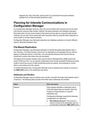 343
assigned site. Only if this fails, will they then try to download the required software
updates from an Internet-based distribution point.
Planning for Intersite Communications in
Configuration Manager
In a Configuration Manager hierarchy, each site communicates with its parent site and its direct
child sites by using two data transfer methods: file-based replication and database replication.
Secondary sites not only communicate to their parent primary sites by using both data transfer
methods, but can also communicate with other secondary sites by using file-based replication to
route content to remote network locations.
Configuration Manager uses file-based replication and database replication to transfer different
types of information between sites.
File-Based Replication
Configuration Manager uses file-based replication to transfer file-based data between sites in
your hierarchy. This data includes content such as applications and packages that you want to
deploy to distribution points in child sites, and unprocessed discovery data records that are
transferred to parent sites where they are processed.
File-based communication between sites uses the Server Message Block (SMB) protocol by
using TCP/IP port 445. You can specify configurations that include bandwidth throttling and pulse
mode to control the amount of data transferred across the network, and schedules to control
when to send data across the network.
To transfer file-based data, Configuration Manager uses an address and a sender to connect to
the SMS_SITE share on the destination site server.
Addresses and Senders
Configuration Manager uses an address and a sender to transfer file-based data between sites in
a hierarchy. The following table provides information about addresses and senders.
Object More information
Address Each address identifies a destination site to
which file-based data can transfer. Each site
supports a single address to a specific
destination site.
Configuration Manager supports the following
configurations for addresses:
 Site Address Account: This account is
used to connect to the destination site and
to write data to that site’s SMS_SITE share.
 