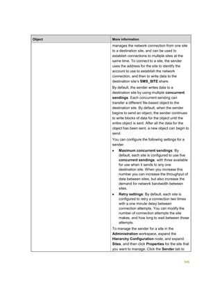 346
Object More information
manages the network connection from one site
to a destination site, and can be used to
establish connections to multiple sites at the
same time. To connect to a site, the sender
uses the address for the site to identify the
account to use to establish the network
connection, and then to write data to the
destination site’s SMS_SITE share.
By default, the sender writes data to a
destination site by using multiple concurrent
sendings. Each concurrent sending can
transfer a different file-based object to the
destination site. By default, when the sender
begins to send an object, the sender continues
to write blocks of data for the object until the
entire object is sent. After all the data for the
object has been sent, a new object can begin to
send.
You can configure the following settings for a
sender:
 Maximum concurrent sendings: By
default, each site is configured to use five
concurrent sendings, with three available
for use when it sends to any one
destination site. When you increase this
number you can increase the throughput of
data between sites, but also increase the
demand for network bandwidth between
sites.
 Retry settings: By default, each site is
configured to retry a connection two times
with a one minute delay between
connection attempts. You can modify the
number of connection attempts the site
makes, and how long to wait between those
attempts.
To manage the sender for a site in the
Administration workspace, expand the
Hierarchy Configuration node, and expand
Sites, and then click Properties for the site that
you want to manage. Click the Sender tab to
 