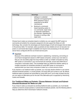 357
Technology Advantage Disadvantage
settings on a selected
computer and bypassing the
BIOS password if this is
supported by the BIOS
manufacturer.
 Booting to a command-
based operating system to
run commands, repair tools,
or diagnostic applications
(for example, upgrading the
firmware or running a disk
repair tool).
Choose how to wake up computers based on whether you can support the AMT power on
commands and whether the computers assigned to the site support the Wake-on-LAN
technology. Also consider the advantages and disadvantages of both technologies that are listed
in the previous table. For example, wake-up packets are less reliable and are not secured, but
power on commands take longer to establish and require more processing on the site system
server that is configured with the out of band service point.
Because of the additional overhead involved in establishing, maintaining, and ending an
out of band management session to AMT-based computers, conduct your own tests so
that you can accurately judge how long it takes to wake up multiple computers by using
AMT power on commands in your environment (for example, across slow WAN links to
computers in secondary sites). This knowledge helps you determine whether waking up
multiple computers for scheduled activities by using AMT power on commands is
practical when you have many computers to wake up in a short amount of time.
If you decide to use traditional wake-up packets, you must also decide whether to use subnet-
directed broadcast packets, or unicast packets, and what UDP port number to use. By default,
traditional wake-up packets are transmitted by using UDP port 9, but to help increase security,
you can select an alternative port for the site if this alternative port is supported by intervening
routers and firewalls.
For Traditional Wake-up Packets: Choose Between Unicast and Subnet-
Directed Broadcast for Wake-on-LAN
If you chose to wake up computers by sending traditional wake-up packets, you must decide
whether to transmit unicast packets or subnet-direct broadcast packets. Use the following table to
help you determine which transmission method to choose.
Important
 