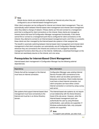 367
Mobile device clients are automatically configured as Internet-only when they are
configured to use an Internet-based management point.
Other client computers can be configured for Internet and intranet client management. They can
automatically switch between Internet-based client management and intranet client management
when they detect a change of network. If these clients can find and connect to a management
point that is configured for client connections on the intranet, these clients are managed as
intranet clients that have full Configuration Manager management functionality. If the clients
cannot find or connect to a management point that is configured for client connections on the
intranet, they attempt to connect to an Internet-based management point, and if this is successful,
these clients are then managed by the Internet-based site systems in their assigned site.
The benefit in automatic switching between Internet-based client management and intranet client
management is that client computers can automatically use all Configuration Manager features
whenever they are connected to the intranet and continue to be managed for essential
management functions when they are on the Internet. Additionally, a download that began on the
Internet can seamlessly resume on the intranet, and vice versa.
Prerequisites for Internet-Based Client Management
Internet-based client management in Configuration Manager has the following external
dependencies:
Dependency More information
Clients that will be managed on the Internet
must have an Internet connection.
Configuration Manager uses existing Internet
Service Provider (ISP) connections to the
Internet, which can be either permanent or
temporary connections. Client mobile devices
must have a direct Internet connection, but
client computers can have either a direct
Internet connection or connect by using a proxy
web server.
Site systems that support Internet-based client
management must have connectivity to the
Internet and must be in an Active Directory
domain.
The Internet-based site systems do not require
a trust relationship with the Active Directory
forest of the site server. However, when the
Internet-based management point can
authenticate the user by using Windows
authentication, user policies are supported. If
Windows authentication fails, only computer
policies are supported.
Note
To support user policies, you also must
Note
 