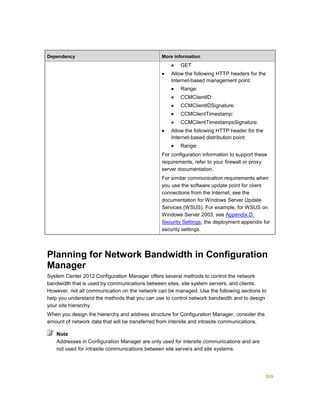 369
Dependency More information
 GET
 Allow the following HTTP headers for the
Internet-based management point:
 Range:
 CCMClientID:
 CCMClientIDSignature:
 CCMClientTimestamp:
 CCMClientTimestampsSignature:
 Allow the following HTTP header for the
Internet-based distribution point:
 Range:
For configuration information to support these
requirements, refer to your firewall or proxy
server documentation.
For similar communication requirements when
you use the software update point for client
connections from the Internet, see the
documentation for Windows Server Update
Services (WSUS). For example, for WSUS on
Windows Server 2003, see Appendix D:
Security Settings, the deployment appendix for
security settings.
Planning for Network Bandwidth in Configuration
Manager
System Center 2012 Configuration Manager offers several methods to control the network
bandwidth that is used by communications between sites, site system servers, and clients.
However, not all communication on the network can be managed. Use the following sections to
help you understand the methods that you can use to control network bandwidth and to design
your site hierarchy.
When you design the hierarchy and address structure for Configuration Manager, consider the
amount of network data that will be transferred from intersite and intrasite communications.
Addresses in Configuration Manager are only used for intersite communications and are
not used for intrasite communications between site servers and site systems.
Note
 