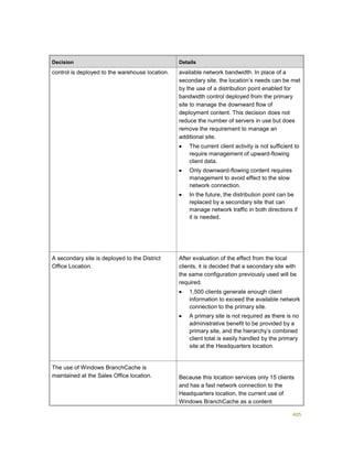 405
Decision Details
control is deployed to the warehouse location. available network bandwidth. In place of a
secondary site, the location’s needs can be met
by the use of a distribution point enabled for
bandwidth control deployed from the primary
site to manage the downward flow of
deployment content. This decision does not
reduce the number of servers in use but does
remove the requirement to manage an
additional site.
 The current client activity is not sufficient to
require management of upward-flowing
client data.
 Only downward-flowing content requires
management to avoid effect to the slow
network connection.
 In the future, the distribution point can be
replaced by a secondary site that can
manage network traffic in both directions if
it is needed.
A secondary site is deployed to the District
Office Location.
After evaluation of the effect from the local
clients, it is decided that a secondary site with
the same configuration previously used will be
required.
 1,500 clients generate enough client
information to exceed the available network
connection to the primary site.
 A primary site is not required as there is no
administrative benefit to be provided by a
primary site, and the hierarchy’s combined
client total is easily handled by the primary
site at the Headquarters location.
The use of Windows BranchCache is
maintained at the Sales Office location. Because this location services only 15 clients
and has a fast network connection to the
Headquarters location, the current use of
Windows BranchCache as a content
 