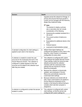 410
Decision Details
requests across the network to Chicago. A
primary site ensures that future growth in
London can be managed with the hierarchy
design they implement today.
Note
The decision to deploy a primary
site or secondary site can include
consideration of the following:
 Assessing the available hardware for a
site server
 The current number of clients at a
location
 Expectations for additional clients in the
future
 Political reasons
 Local point of administrative contact
A standard configuration for client settings is
applied to each client in the hierarchy.
 Default Client Agent Settings are
configured and applied to every client in the
hierarchy, which results in a consistent
configuration for every client.
A collection is created to contain the user
accounts for the employees that work in the
Human Resource division. This collection is
configured to update regularly so that new
accounts can be added to the collection soon
after they are created.
 This collection is configured with custom
client settings that disable Remote Control.
These settings modify the hierarchy-wide
defaults and provide the collection
members with the customized client
settings that are required for Human
Resource employees.
 Because this collection is dynamically
updated, new employees in Human
Resources automatically receive the
customized client settings.
 Because collections are shared with all
sites, these customizations are applied to
Human Resource employees at any
location in the hierarchy without having to
consider which site their computer is
assigned to.
A collection is configured to contain the servers
located in London.
 This collection is configured with custom
client settings, so that the servers are
configured with custom settings for
 