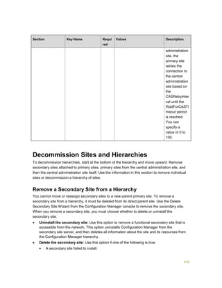 472
Section Key Name Requi
red
Values Description
administration
site, the
primary site
retries the
connection to
the central
administration
site based on
the
CASRetryInter
val until the
WaitForCASTi
meout period
is reached.
You can
specify a
value of 0 to
100.
Decommission Sites and Hierarchies
To decommission hierarchies, start at the bottom of the hierarchy and move upward. Remove
secondary sites attached to primary sites, primary sites from the central administration site, and
then the central administration site itself. Use the information in this section to remove individual
sites or decommission a hierarchy of sites.
Remove a Secondary Site from a Hierarchy
You cannot move or reassign secondary sites to a new parent primary site. To remove a
secondary site from a hierarchy, it must be deleted from its direct parent site. Use the Delete
Secondary Site Wizard from the Configuration Manager console to remove the secondary site.
When you remove a secondary site, you must choose whether to delete or uninstall the
secondary site:
 Uninstall the secondary site: Use this option to remove a functional secondary site that is
accessible from the network. This option uninstalls Configuration Manager from the
secondary site server, and then deletes all information about the site and its resources from
the Configuration Manager hierarchy.
 Delete the secondary site: Use this option if one of the following is true:
 A secondary site failed to install.
 