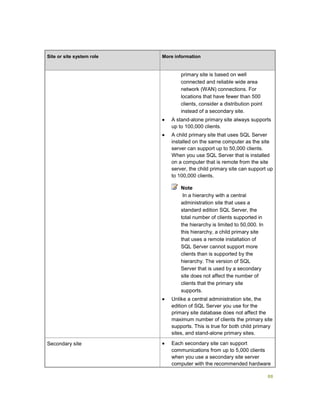 88
Site or site system role More information
primary site is based on well
connected and reliable wide area
network (WAN) connections. For
locations that have fewer than 500
clients, consider a distribution point
instead of a secondary site.
 A stand-alone primary site always supports
up to 100,000 clients.
 A child primary site that uses SQL Server
installed on the same computer as the site
server can support up to 50,000 clients.
When you use SQL Server that is installed
on a computer that is remote from the site
server, the child primary site can support up
to 100,000 clients.
Note
In a hierarchy with a central
administration site that uses a
standard edition SQL Server, the
total number of clients supported in
the hierarchy is limited to 50,000. In
this hierarchy, a child primary site
that uses a remote installation of
SQL Server cannot support more
clients than is supported by the
hierarchy. The version of SQL
Server that is used by a secondary
site does not affect the number of
clients that the primary site
supports.
 Unlike a central administration site, the
edition of SQL Server you use for the
primary site database does not affect the
maximum number of clients the primary site
supports. This is true for both child primary
sites, and stand-alone primary sites.
Secondary site  Each secondary site can support
communications from up to 5,000 clients
when you use a secondary site server
computer with the recommended hardware
 