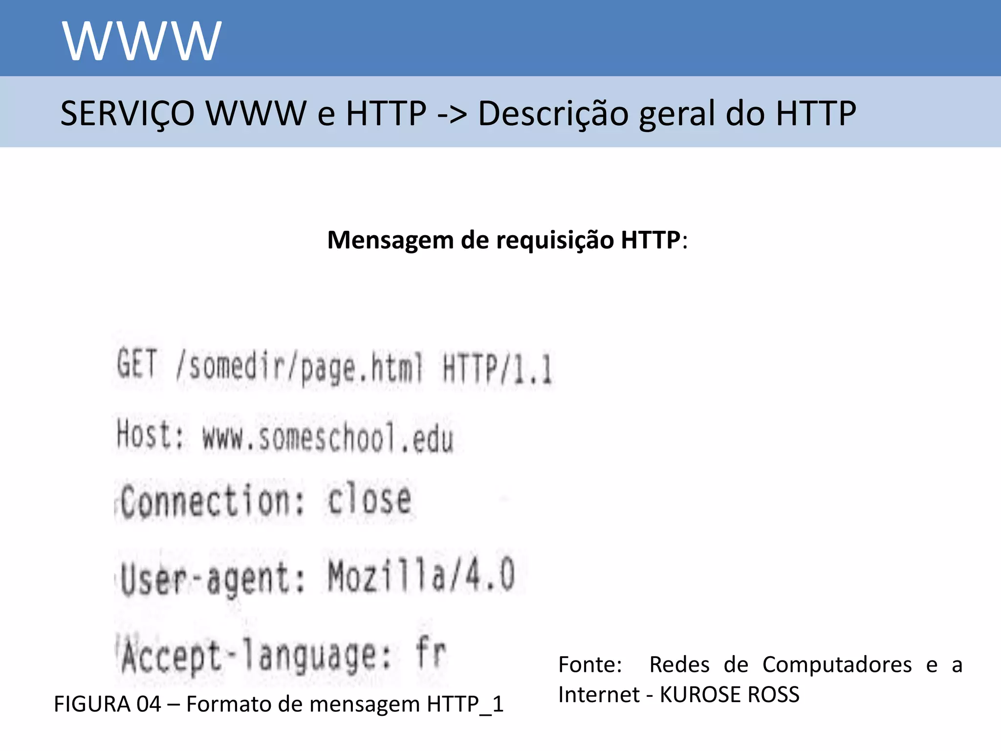 WWW
SERVIÇO WWW e HTTP -> Descrição geral do HTTP


                       Mensagem de requisição HTTP:




                                         Fonte: Redes de Computadores e a
FIGURA 04 – Formato de mensagem HTTP_1   Internet - KUROSE ROSS
 