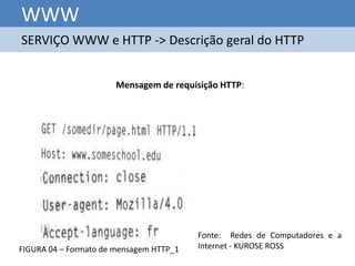 WWW
SERVIÇO WWW e HTTP -> Descrição geral do HTTP


                       Mensagem de requisição HTTP:




                                         Fonte: Redes de Computadores e a
FIGURA 04 – Formato de mensagem HTTP_1   Internet - KUROSE ROSS
 