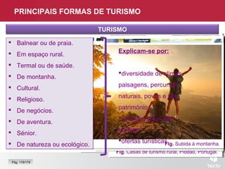 Fig. Casal de turistas.
Fig. Casal de turistas, Havai.
Fig. Praia de Ipanema, Brasil.
Fig. Casas de turismo rural, Piódão, Portugal.
Fig. Termas, Bali, Indonésia.Fig. Estância de esqui, Bulgária.
Fig. Casa tradicional em Santana, Madeira.
Fig. Praça de S. Pedro, Vaticano.
Fig. Grupo de pessoas de negócios no aeroporto.Fig. Subida à montanha.
PRINCIPAIS FORMAS DE TURISMO
Explicam-se por:
diversidade de climas,
paisagens, percursos
naturais, povos e seu
património;
características dos
turistas;
ofertas turísticas.
 Balnear ou de praia.
 Em espaço rural.
 Termal ou de saúde.
 De montanha.
 Cultural.
 Religioso.
 De negócios.
 De aventura.
 Sénior.
 De natureza ou ecológico.
 Balnear ou de praia.
 Em espaço rural.
 Termal ou de saúde.
 De montanha.
 Cultural.
 Religioso.
 De negócios.
 De aventura.
 Sénior.
 De natureza ou ecológico.
TURISMO
Pág. 178/179
 