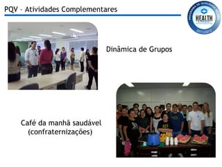 BLITZ SAÚDE CARRIS BLITZ POSTURA Dinâmica de Grupos  Café da manhã saudável (confraternizações)  PQV – Atividades Complementares 