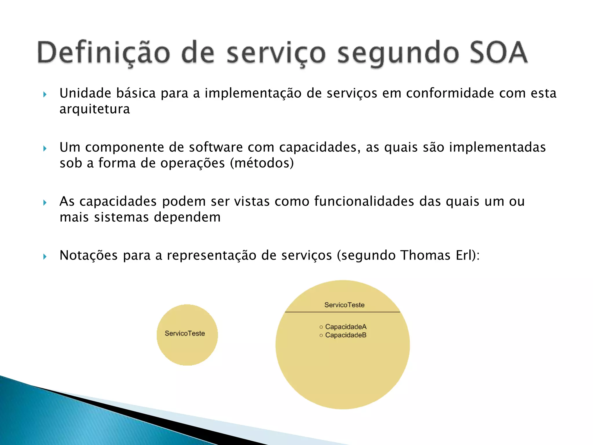 Unidade básica para a implementação de serviços em conformidade com esta arquitetura  Um componente de software com capacidades, as quais são implementadas sob a forma de operações (métodos)  As capacidades podem ser vistas como funcionalidades das quais um ou mais sistemas dependem  Notações para a representação de serviços (segundo Thomas Erl): 