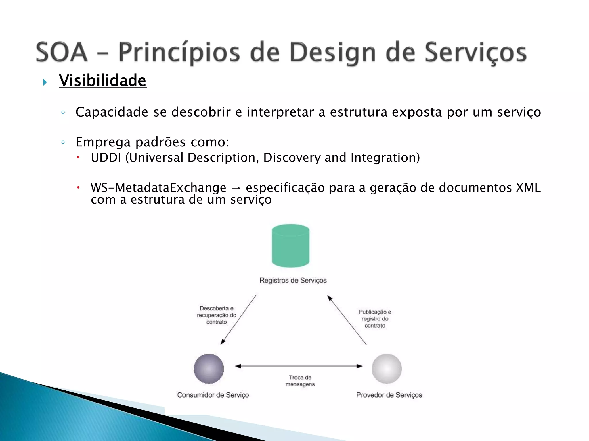  Visibilidade ◦ Capacidade se descobrir e interpretar a estrutura exposta por um serviço ◦ Emprega padrões como:  UDDI (Universal Description, Discovery and Integration)  WS-MetadataExchange → especificação para a geração de documentos XML com a estrutura de um serviço 