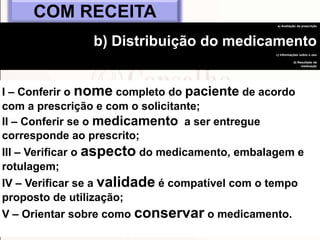 COM RECEITA
a) Avaliação da prescrição

b) Distribuição do medicamento
c) Informações sobre o uso
d) Resultado da
medicaçã...